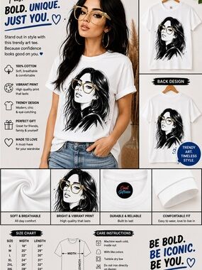 Custom Chic Graphic Tee with Gold Glasses Illustration. S M L XL Made to order